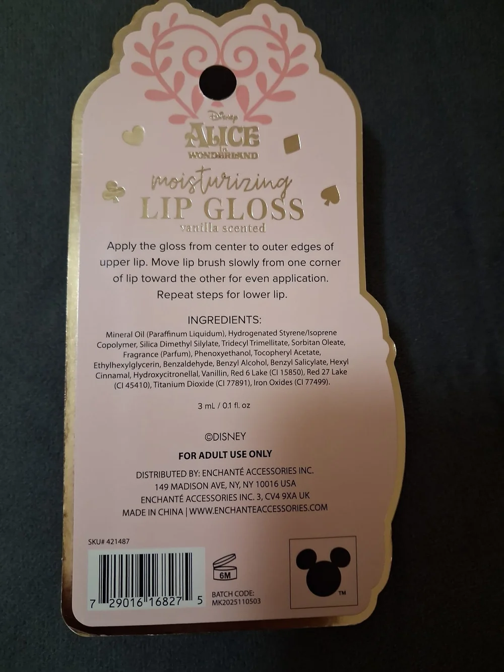 Disney Alice in Wonderland Pink and Gold Moisturizing Lip Gloss